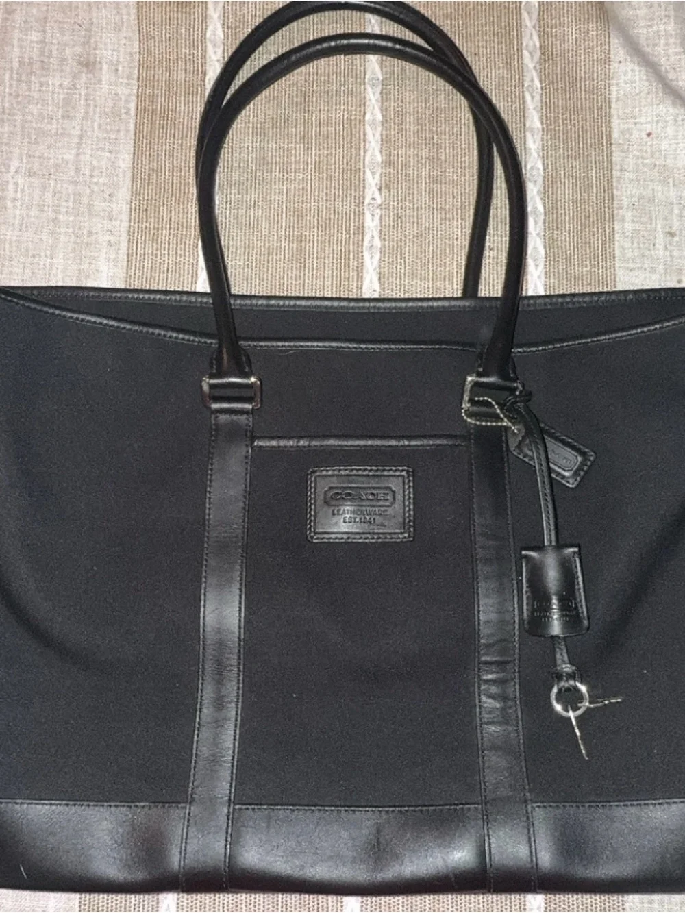 Coach Black Canvas Shoulder Tote with Leather Trim